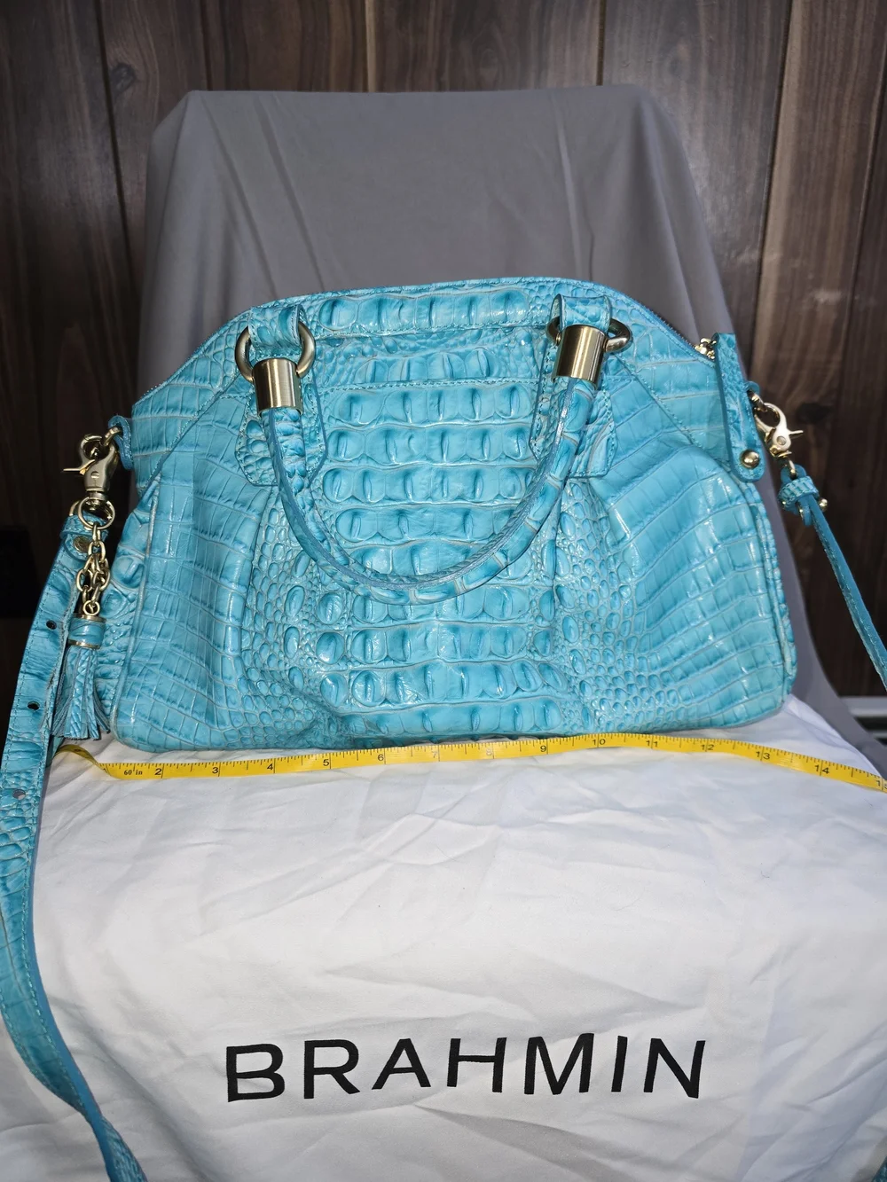Brahmin Turquoise Croc-Embossed Leather Satchel - Picture 3 of 5
